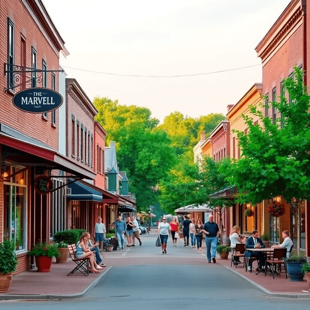 A charming small-town main street with local shops and cafes, surrounded by greenery, showcasing community gatherings and outdoor activities in a w...