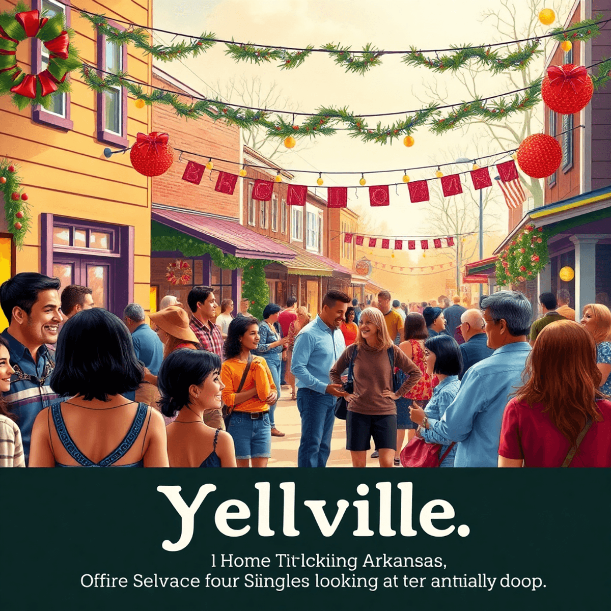 A lively community event in Yellville, Arkansas, with people chatting and enjoying local festivities, surrounded by seasonal decorations and a warm...