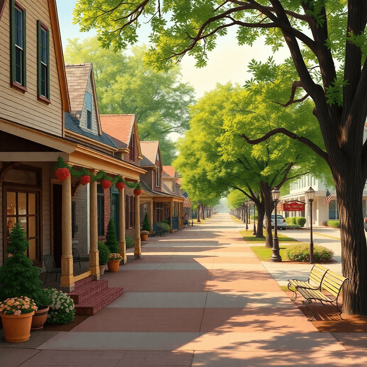 A picturesque small-town street in West Crossett, Arkansas, lined with charming Southern-style homes, greenery, and a cozy café with outdoor seatin...