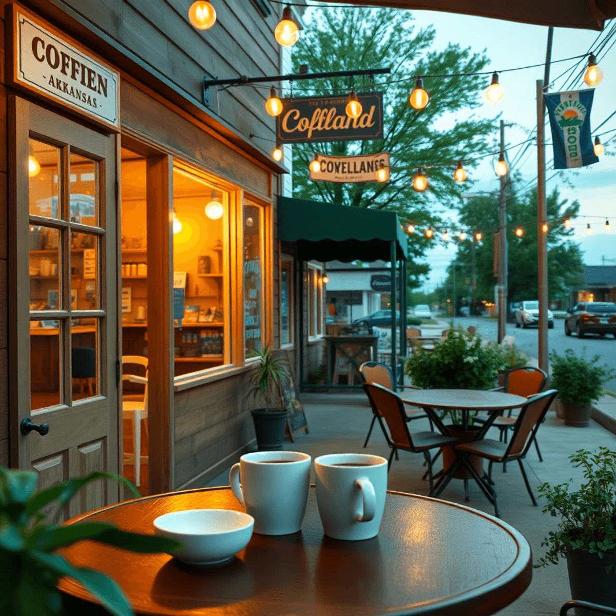 A cozy coffee shop with warm lighting and outdoor seating, featuring coffee cups on a table surrounded by greenery and local decorations, creating ...