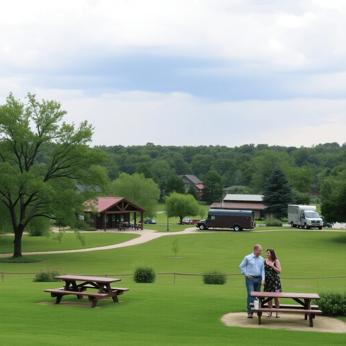 A picturesque small-town park in Kibler, Arkansas, featuring lush greenery, a cozy picnic area, and a couple enjoying a picnic, evoking warmth and ...