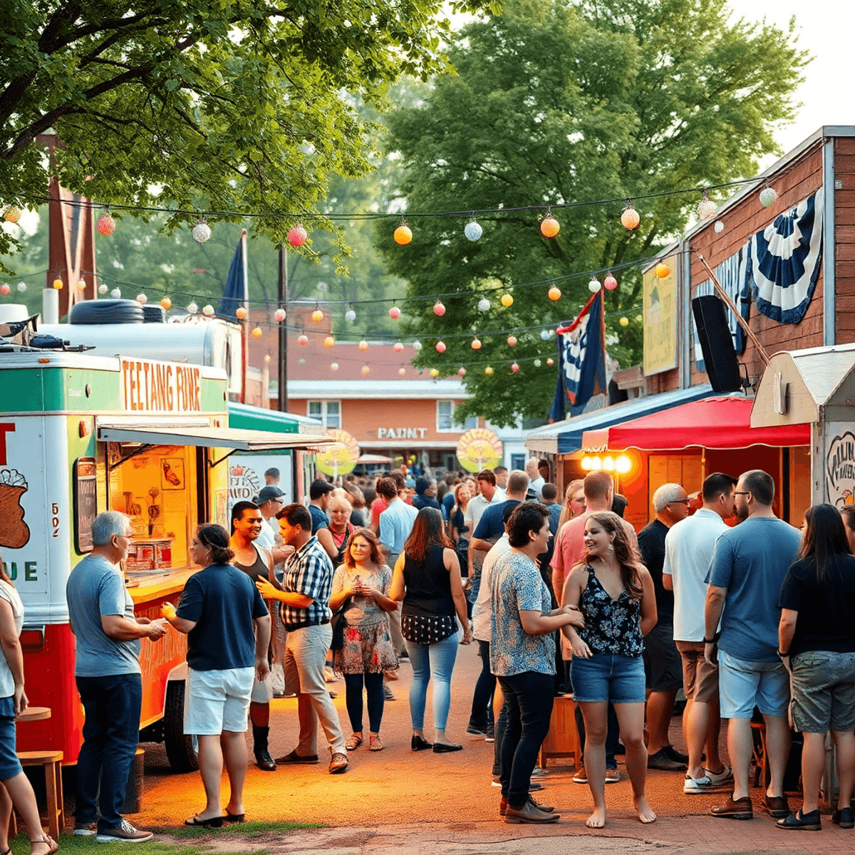 A lively small-town festival scene with colorful food trucks, people enjoying live music, and singles mingling in an outdoor setting, exuding joy a...