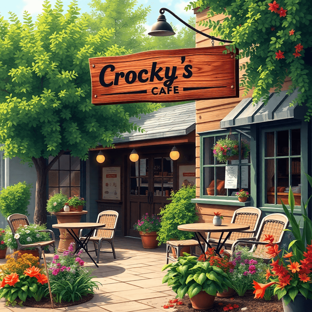 A cozy café with outdoor seating, surrounded by greenery and vibrant flowers, featuring a rustic sign that reads "Crocky's Café," exuding a warm, i...