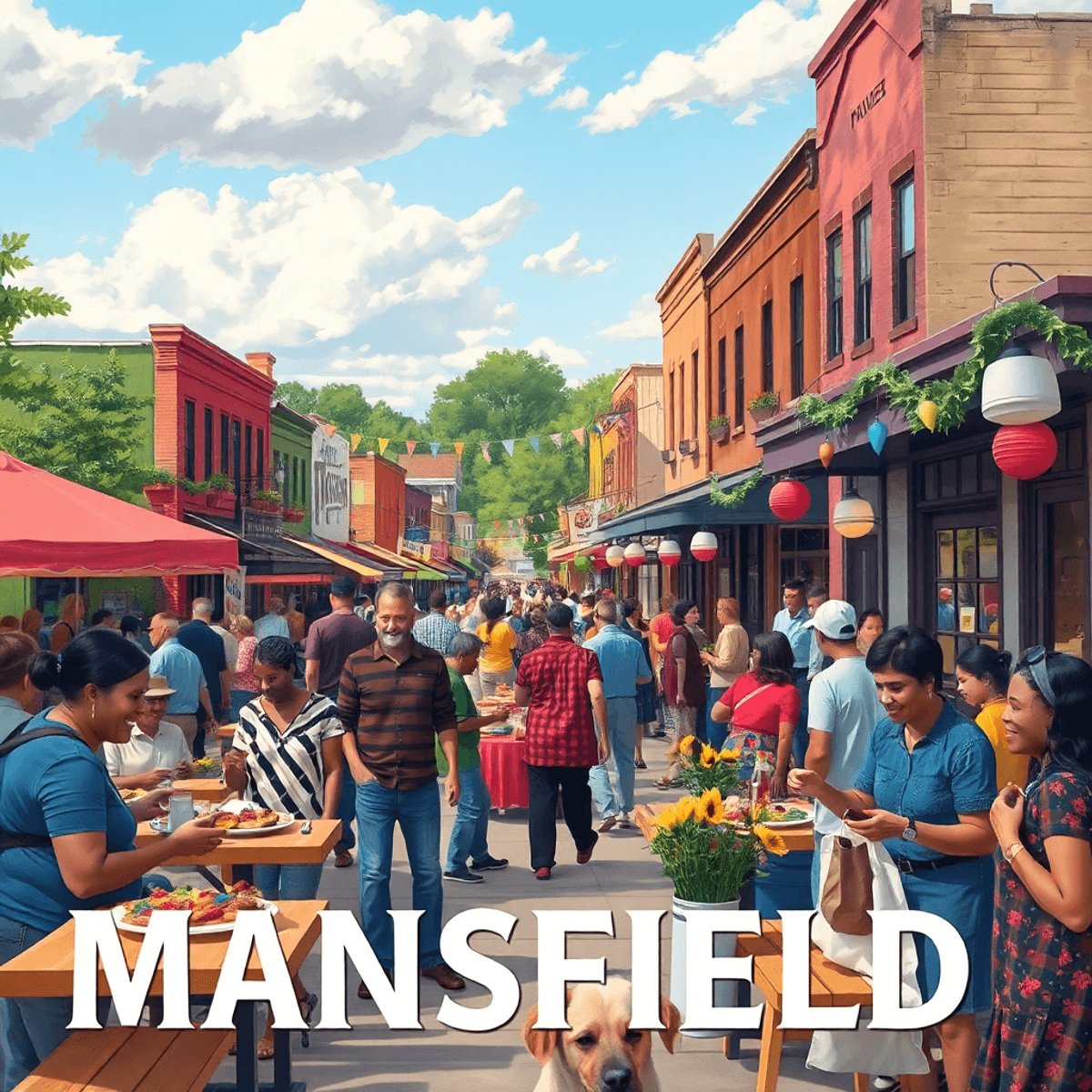 A vibrant small-town gathering in Mansfield, Arkansas, showcasing people enjoying food, music, and festive decorations, embodying joy and community...