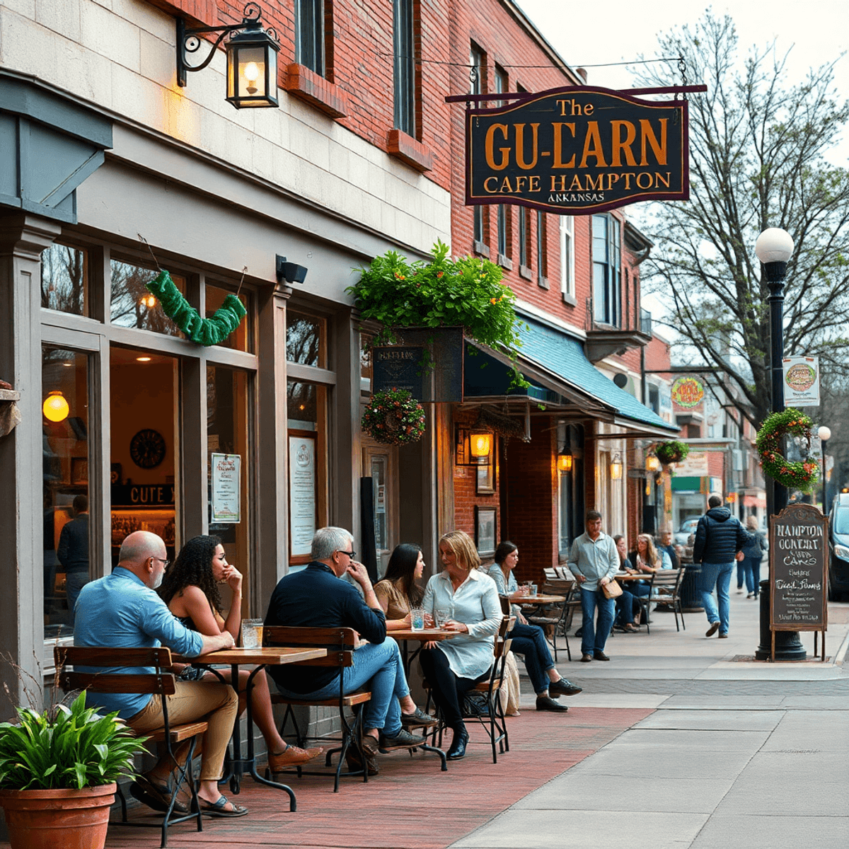 A cozy small-town street in Hampton, Arkansas, with a charming cafe, outdoor seating, warm lighting, and people enjoying the community atmosphere a...