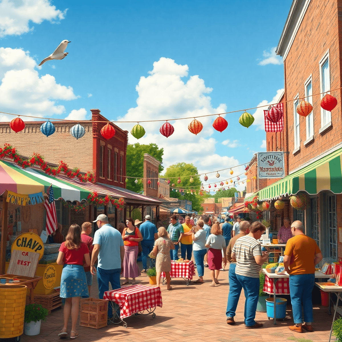 A vibrant community festival in Marmaduke, Arkansas, showcasing colorful decorations, food stalls, and people enjoying social activities in a warm,...