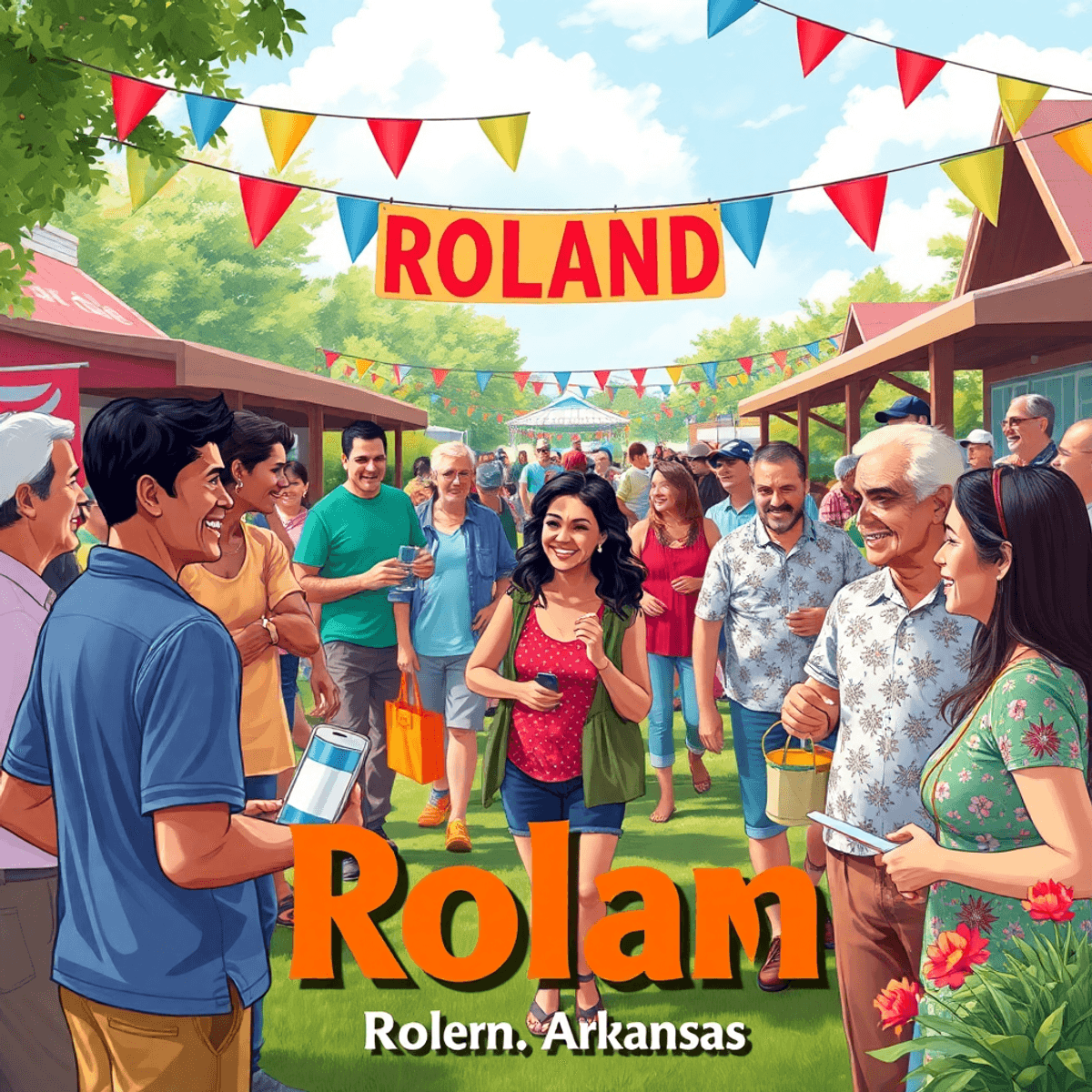 A lively community event in Roland, Arkansas, with people enjoying outdoor activities, chatting, and participating in festivities amidst nature and...