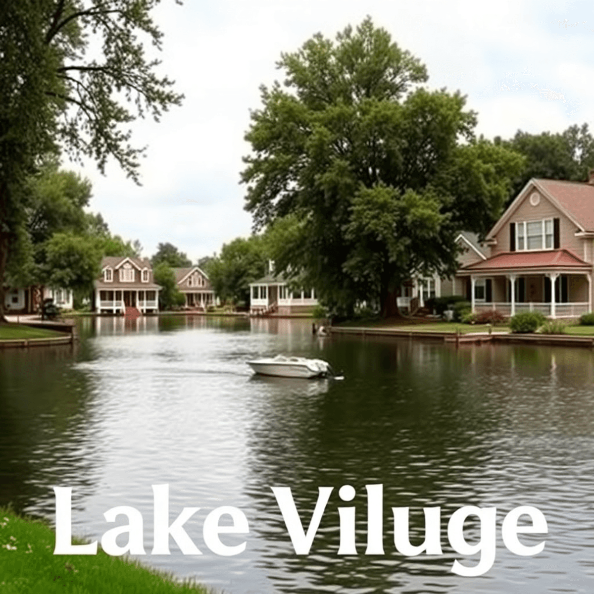 A serene lakeside scene in Lake Village, Arkansas, with a small boat floating on the calm water, surrounded by lush greenery and charming southern-...