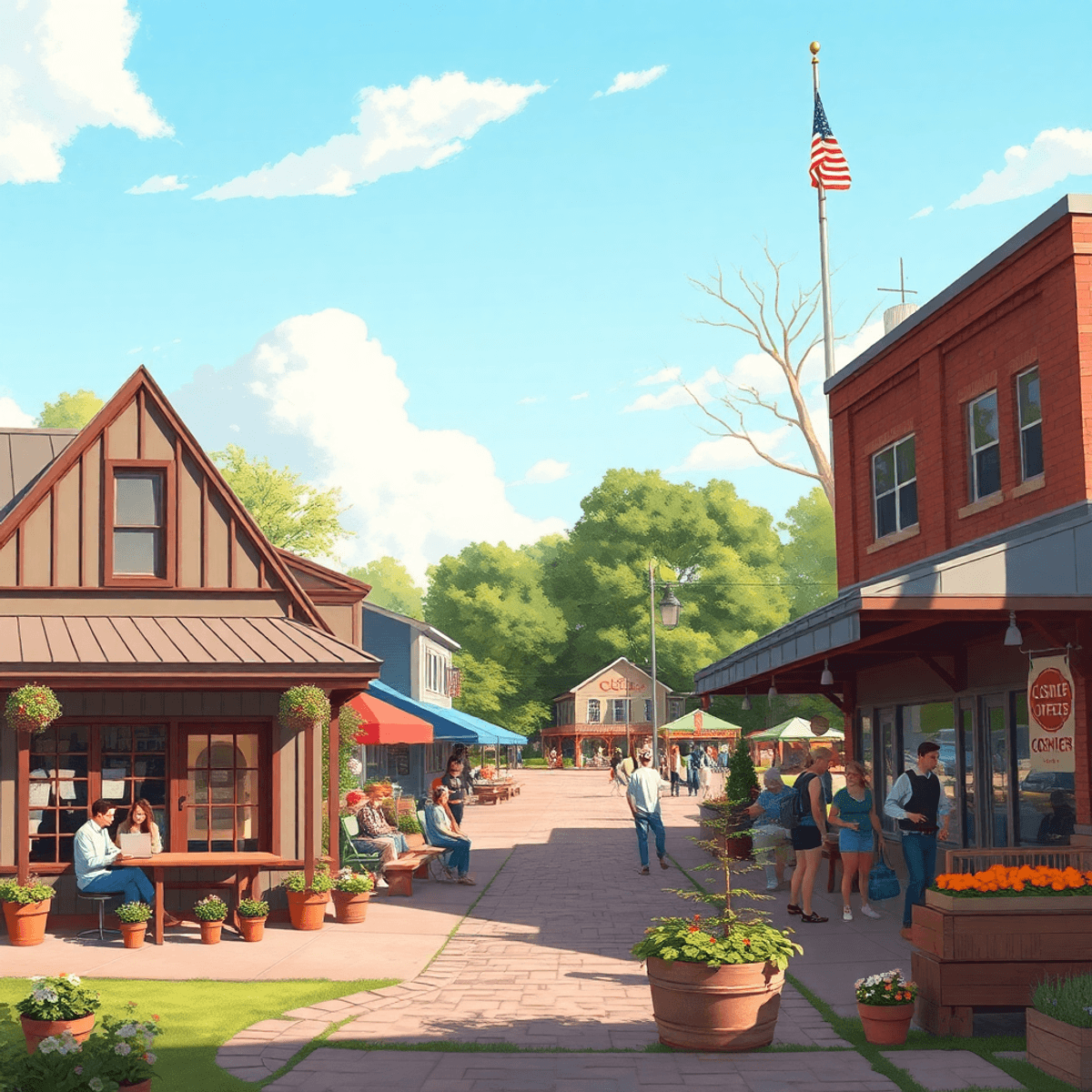 A cozy coffee shop with people socializing outside, a vibrant park with individuals enjoying activities, and a bustling farmer's market in a warm, ...