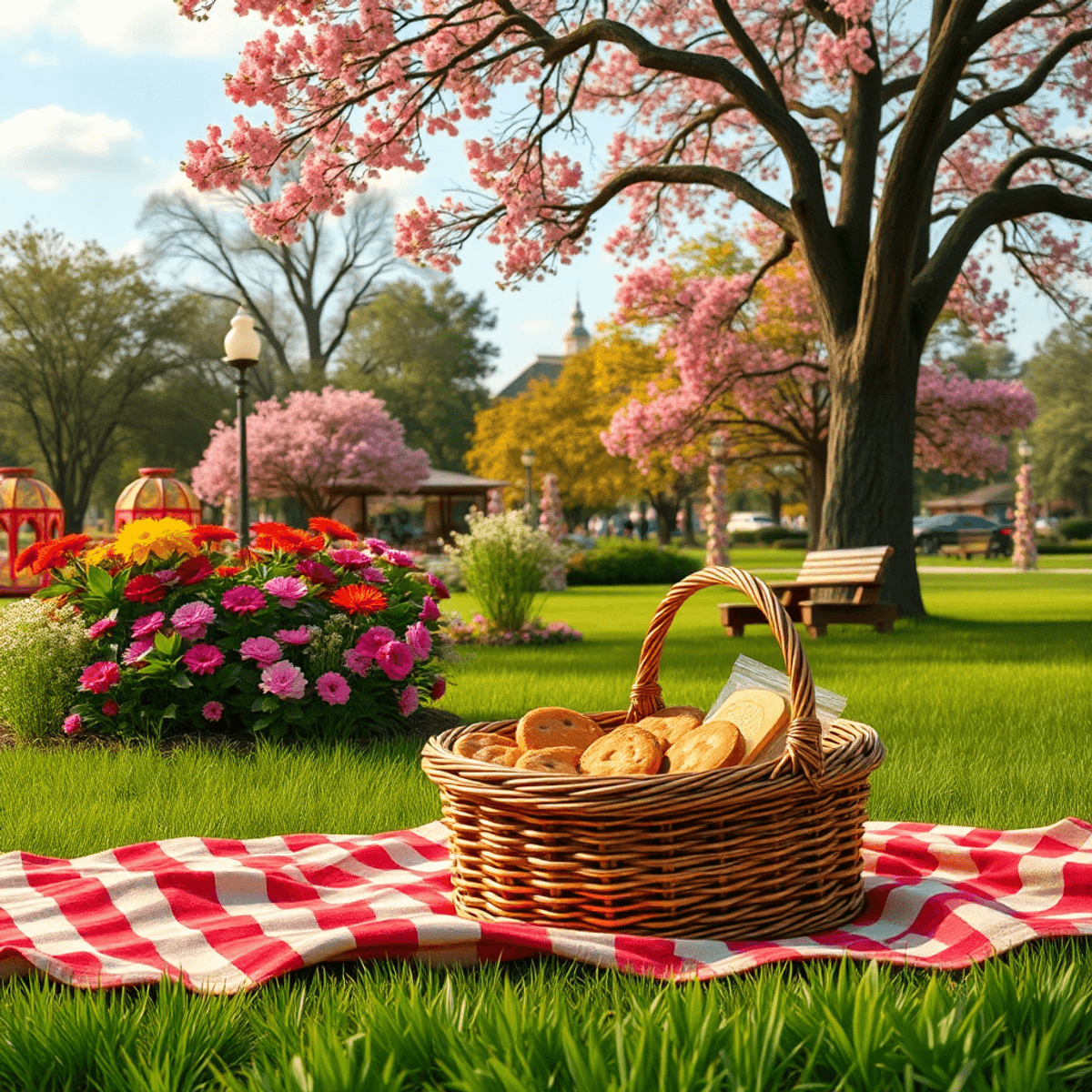 A vibrant park scene in Charleston, Arkansas, with blooming flowers, a picnic blanket, a basket of treats, and festival decorations, evoking warmth...