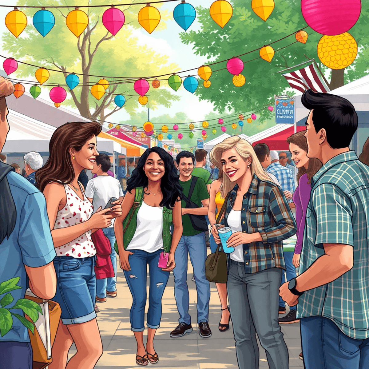 A lively outdoor festival in a small town featuring colorful decorations, food stalls, and cheerful singles engaging in conversation and activities...