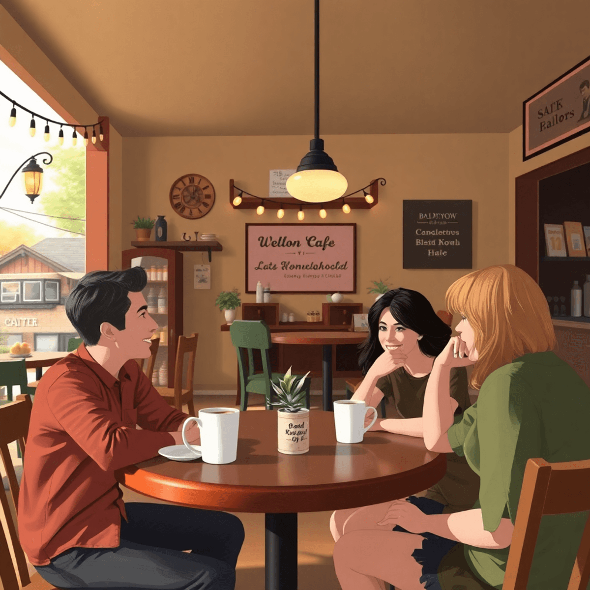 A cozy neighborhood cafe in Bald Knob, Arkansas, with patrons enjoying coffee and engaging warmly, surrounded by local decor that fosters community...