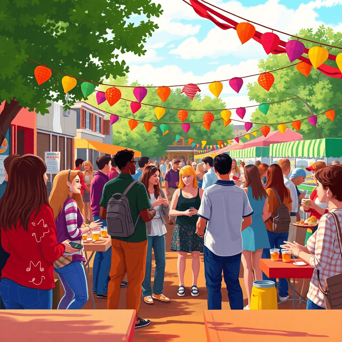 A lively community event in North Crossett, Arkansas, featuring singles chatting, colorful decorations, food stalls, and festive elements that crea...