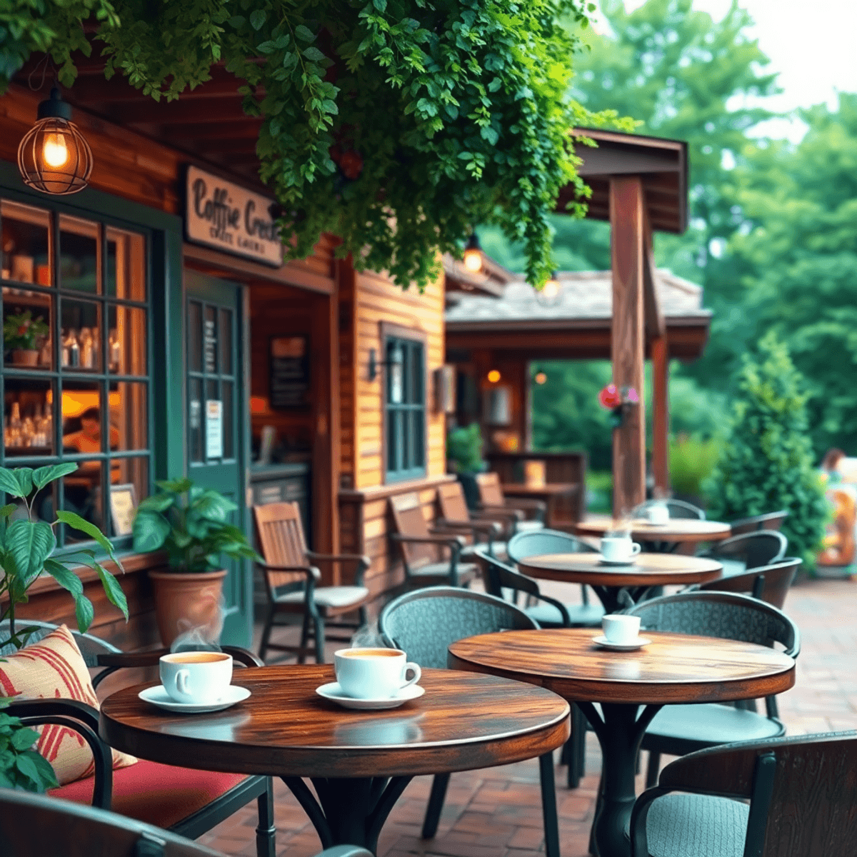 A cozy small-town coffee shop with steaming cups, warm lighting, rustic decor, and outdoor seating, surrounded by lush greenery, evoking a welcomin...