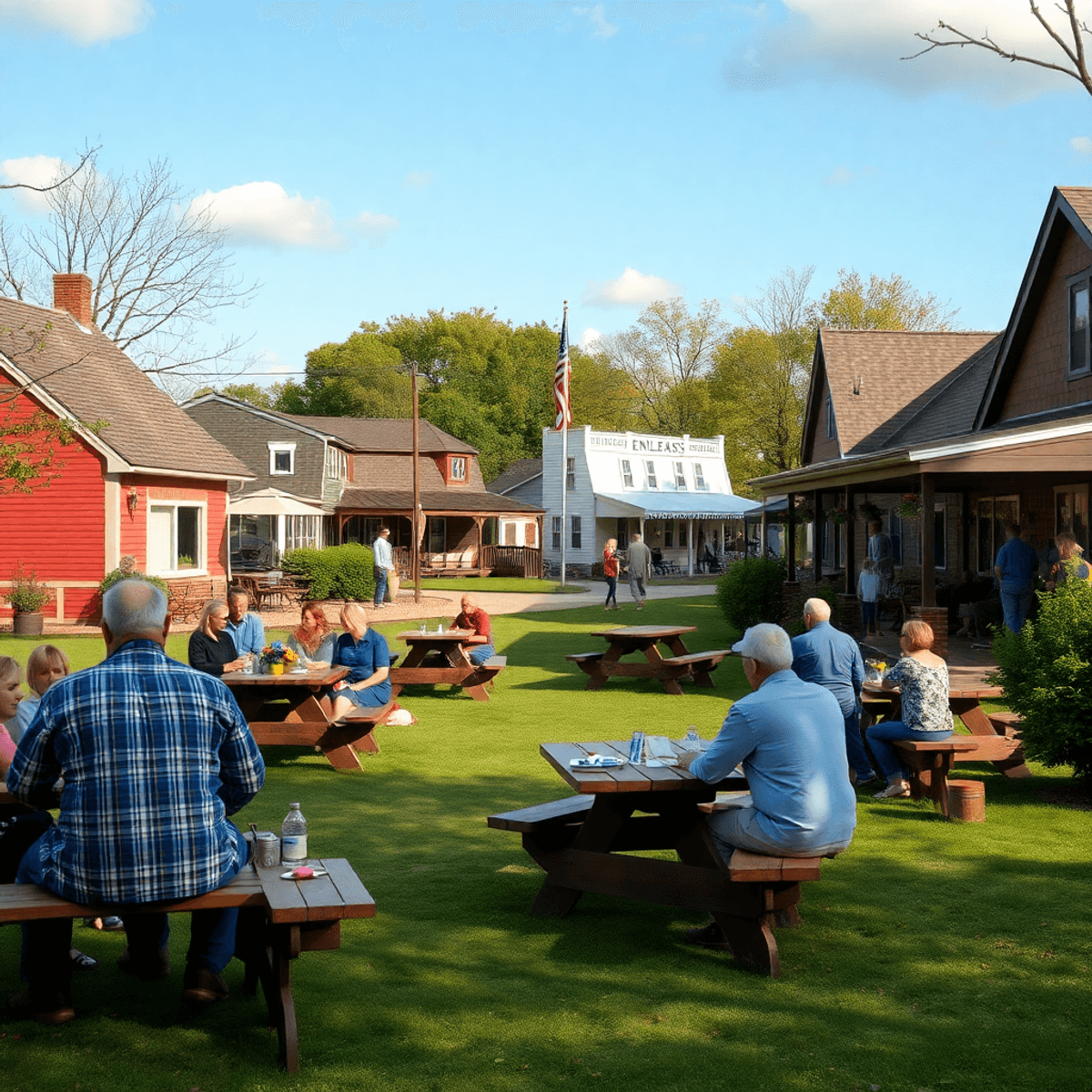 A charming park scene in England, Arkansas, with picnic tables, people chatting, and local activities like fishing, showcasing a warm community gat...