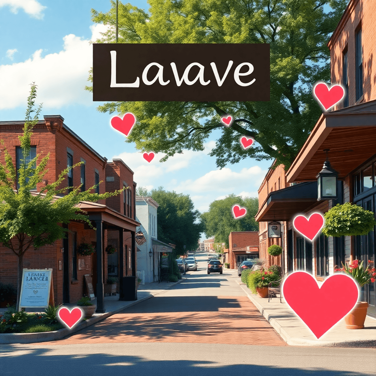 A charming small-town street in Lavaca, Arkansas, featuring local architecture and greenery, with subtle heart symbols and digital devices, evoking...