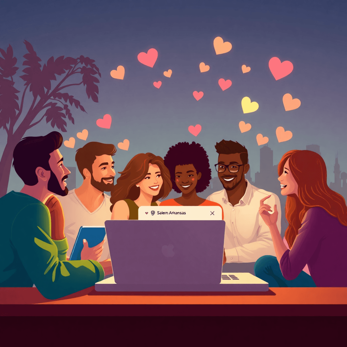 A warm digital illustration of singles using a laptop and smartphone for online dating, featuring local landmarks and romantic elements like hearts...