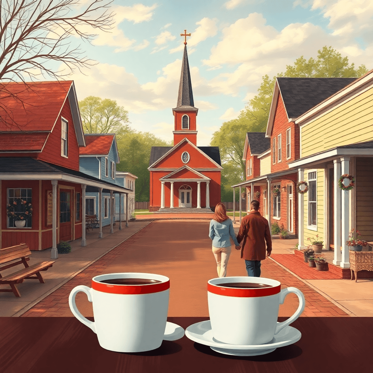 A quaint small-town street in Monette, Arkansas, with charming houses and a church in the background. Two coffee cups on a table and a couple walki...