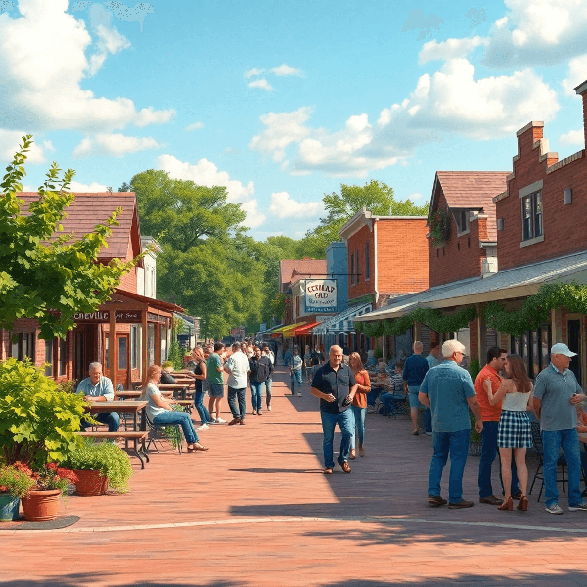 A vibrant small-town scene in Cedarville, Arkansas, featuring cozy streets, local cafes, and a lively park where people engage in outdoor activitie...