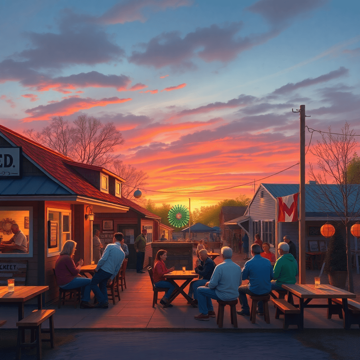 A cozy community center in Redfield, Arkansas, bustling with people enjoying game nights and festivals under a warm sunset, reflecting local cultur...