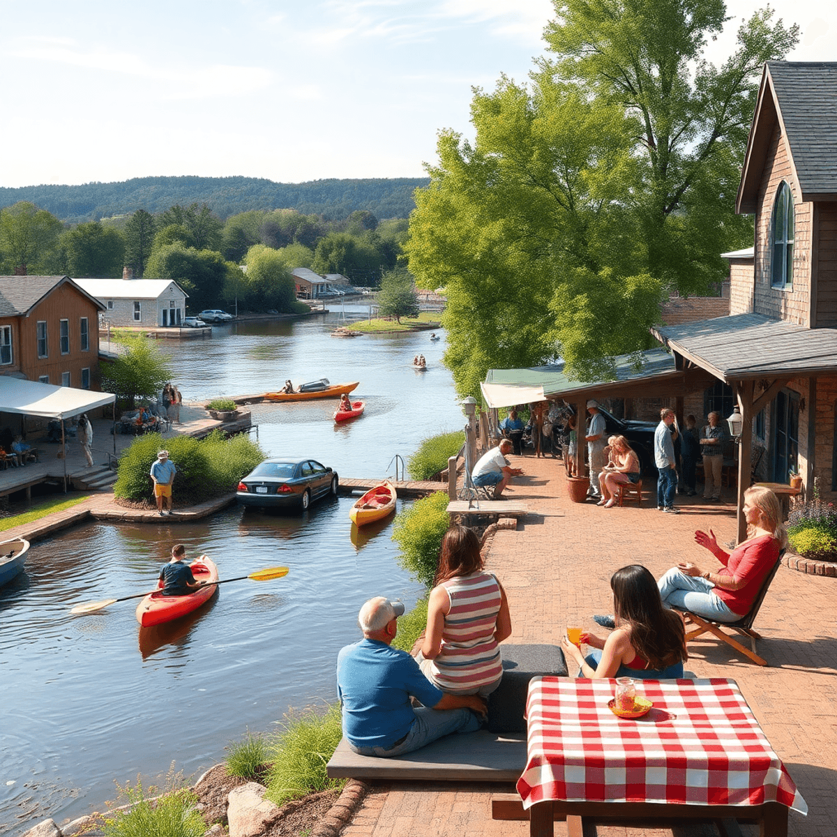 A scenic view of the Caddo River in Glenwood, Arkansas, with people kayaking and hiking, couples picnicking, and hints of a local festival, conveyi...