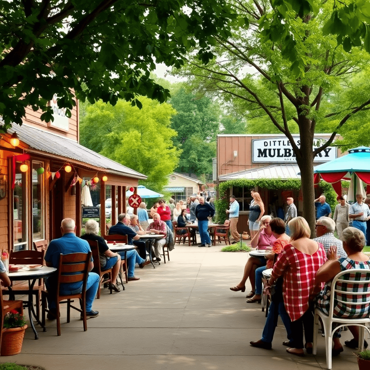 A charming small-town cafe with outdoor seating, surrounded by greenery, features a chili supper setup and people enjoying friendly conversations i...