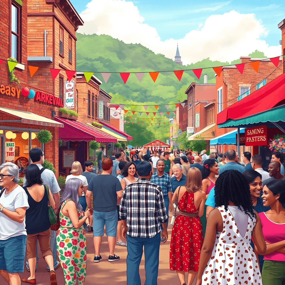 A lively small-town festival in Stamps, Arkansas, showcasing colorful decorations, food stalls, and people joyfully interacting against a backdrop ...