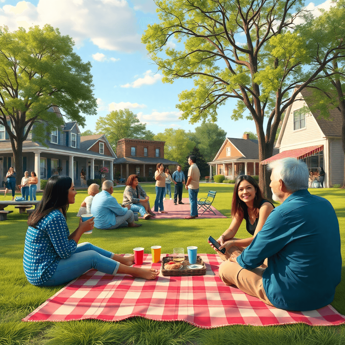 A picturesque park scene in Earle, Arkansas, with people enjoying outdoor activities, picnic blankets, coffee cups, and community decorations, crea...