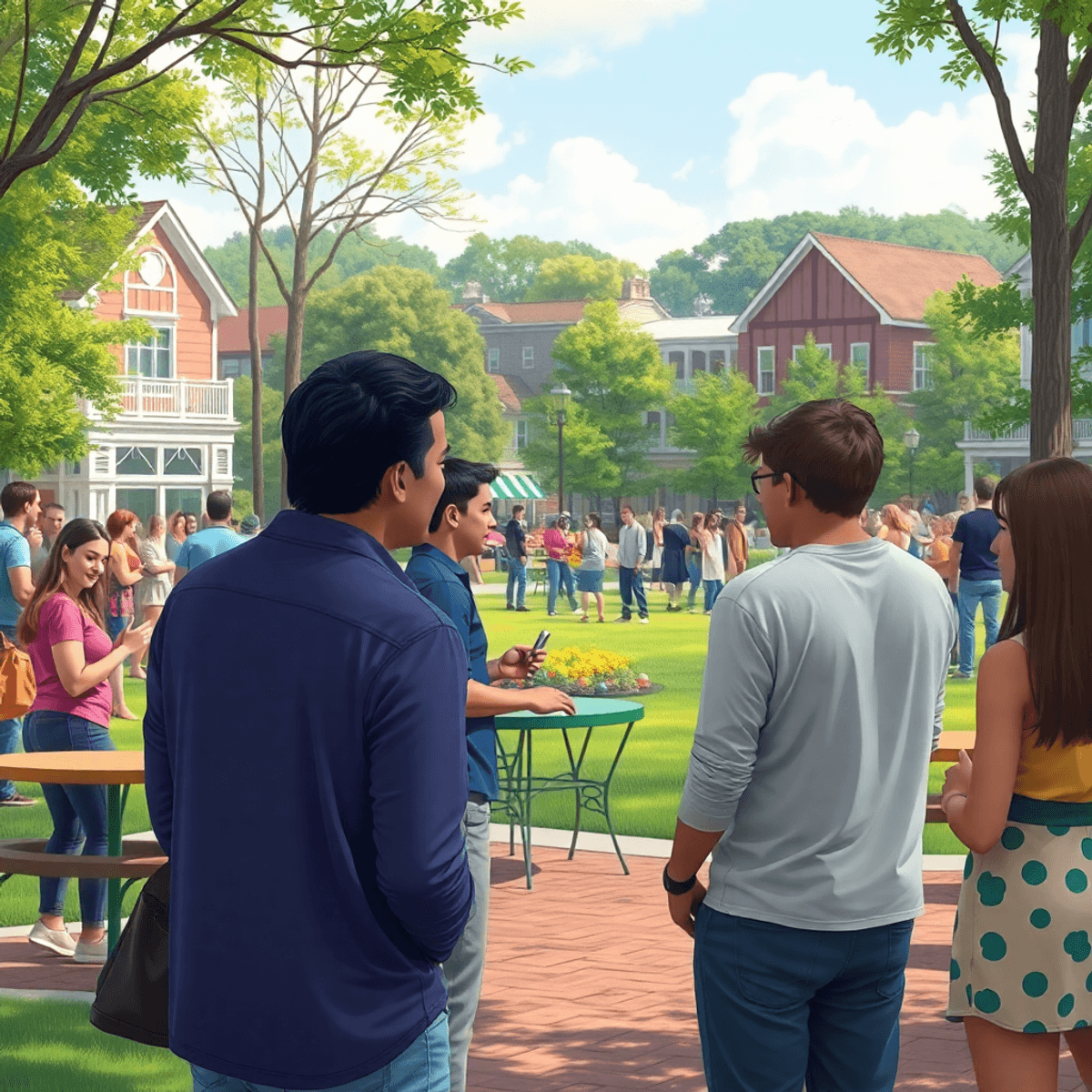 A lively park scene in a small town with people chatting, playing games, and enjoying a local event amidst charming buildings and greenery.