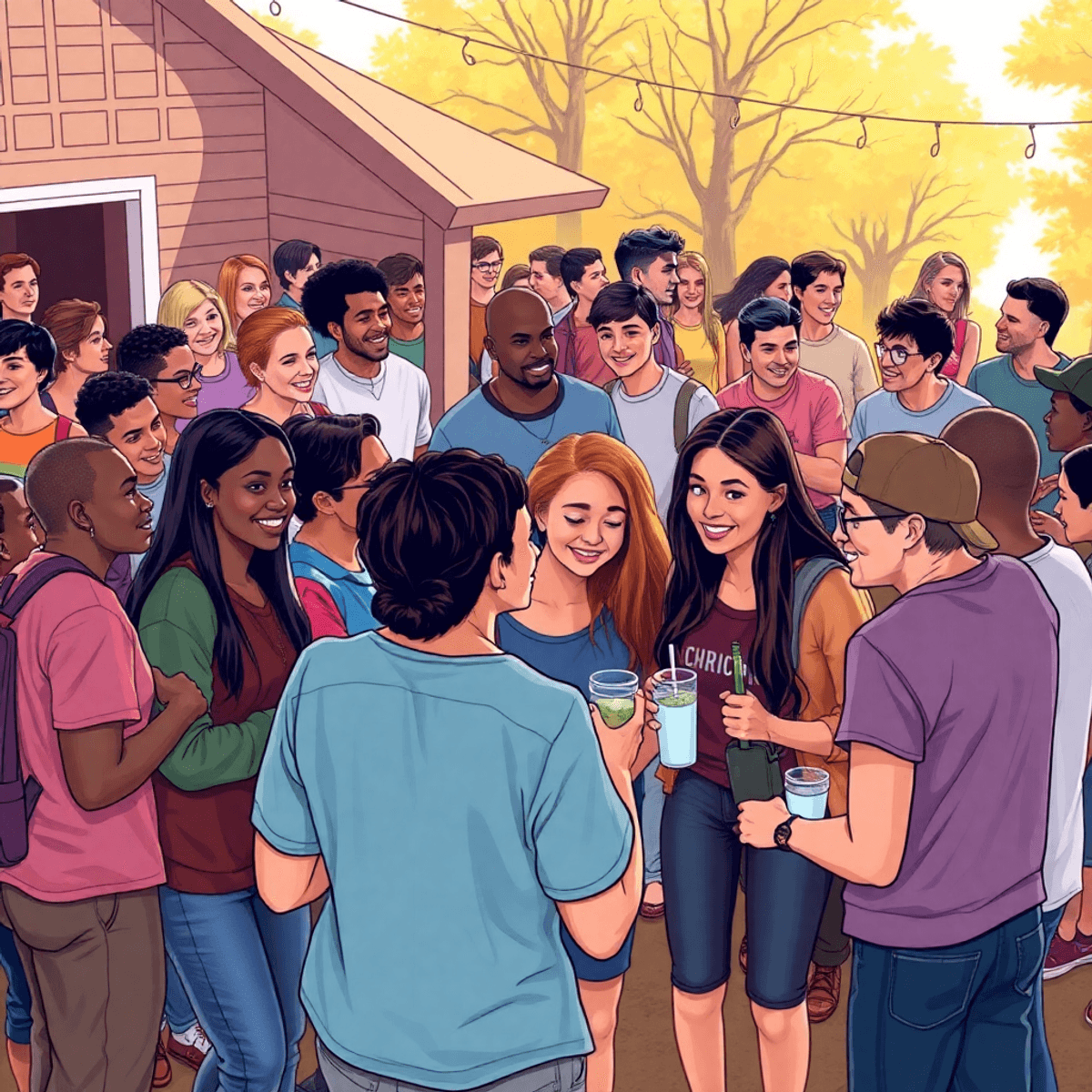A lively outdoor gathering in Ward, Arkansas, featuring young adults enjoying social activities, with warm colors creating an inviting atmosphere o...