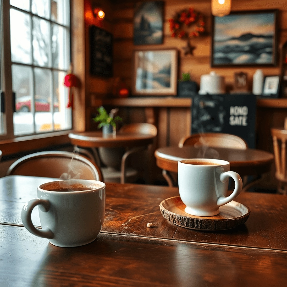 A cozy coffee shop with rustic decor, featuring a steaming cup of coffee on a wooden table, local artwork on the walls, and seasonal decorations, e...