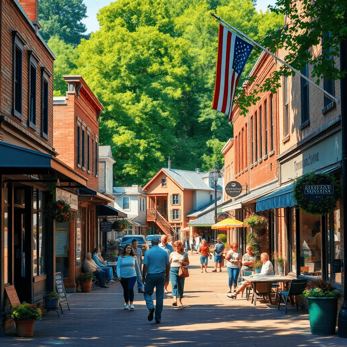 A vibrant small-town main street in Trumann, Arkansas, bustling with people chatting and enjoying outdoor activities amidst local shops and lush gr...
