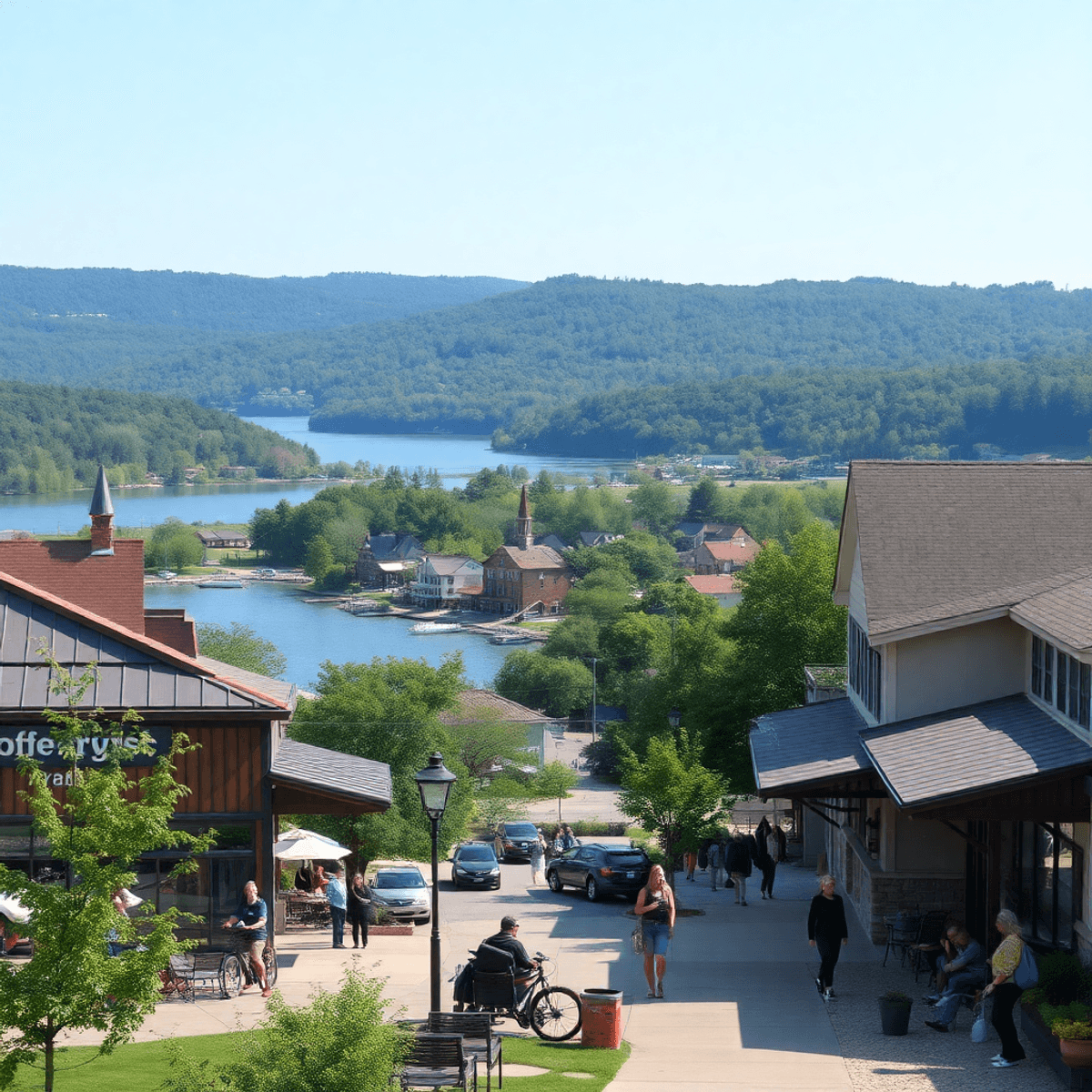 A scenic view of Heber Springs, Arkansas, featuring a serene lake, lush greenery, and people walking and biking, capturing the vibrant small-town a...