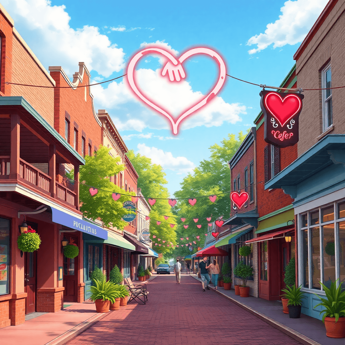 A picturesque small-town street in Pocahontas, Arkansas, with charming cafes and community spots, featuring heart shapes and intertwined hands, con...