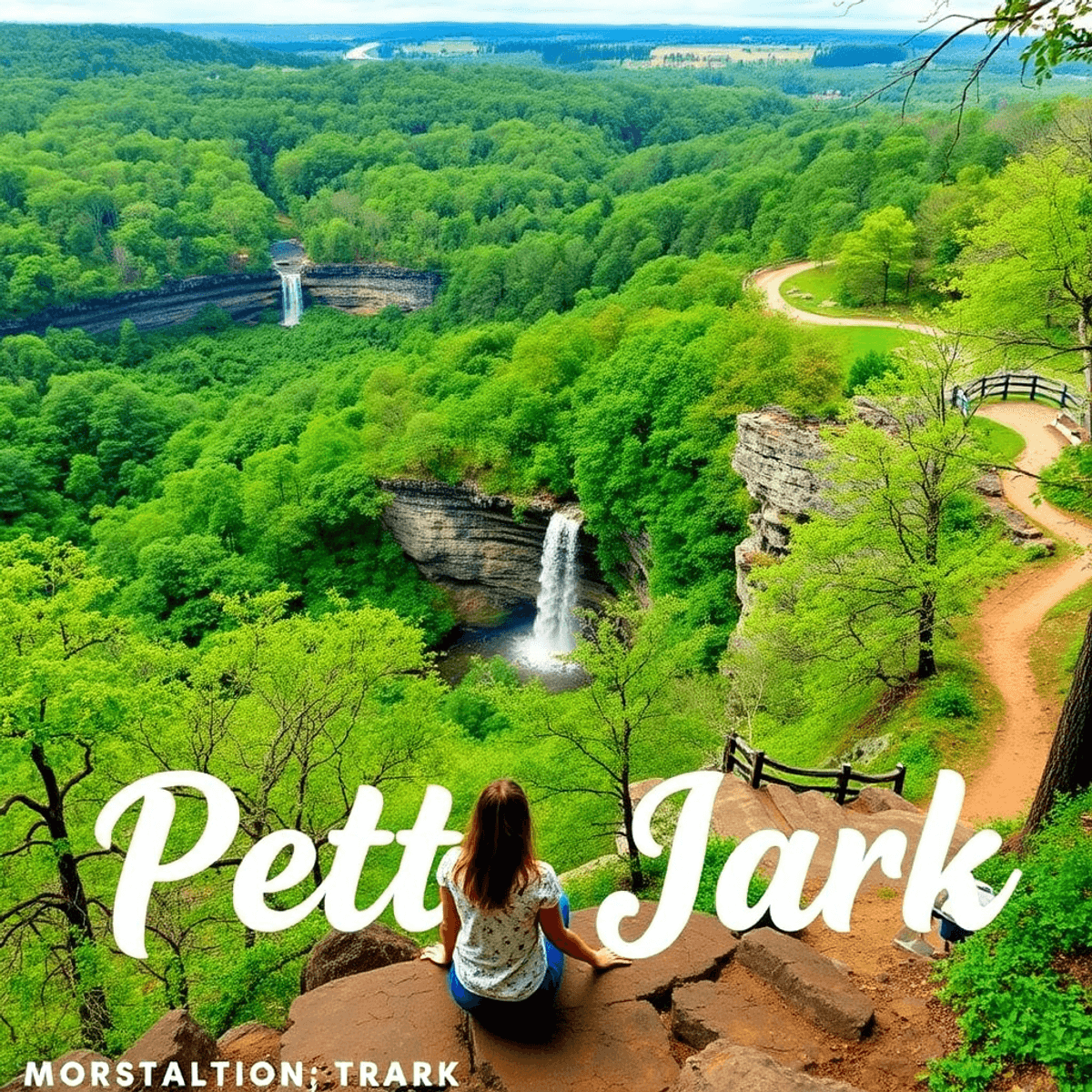 A breathtaking view of Petit Jean State Park showcasing vibrant greenery, a beautiful waterfall, and inviting hiking trails, perfect for romantic o...