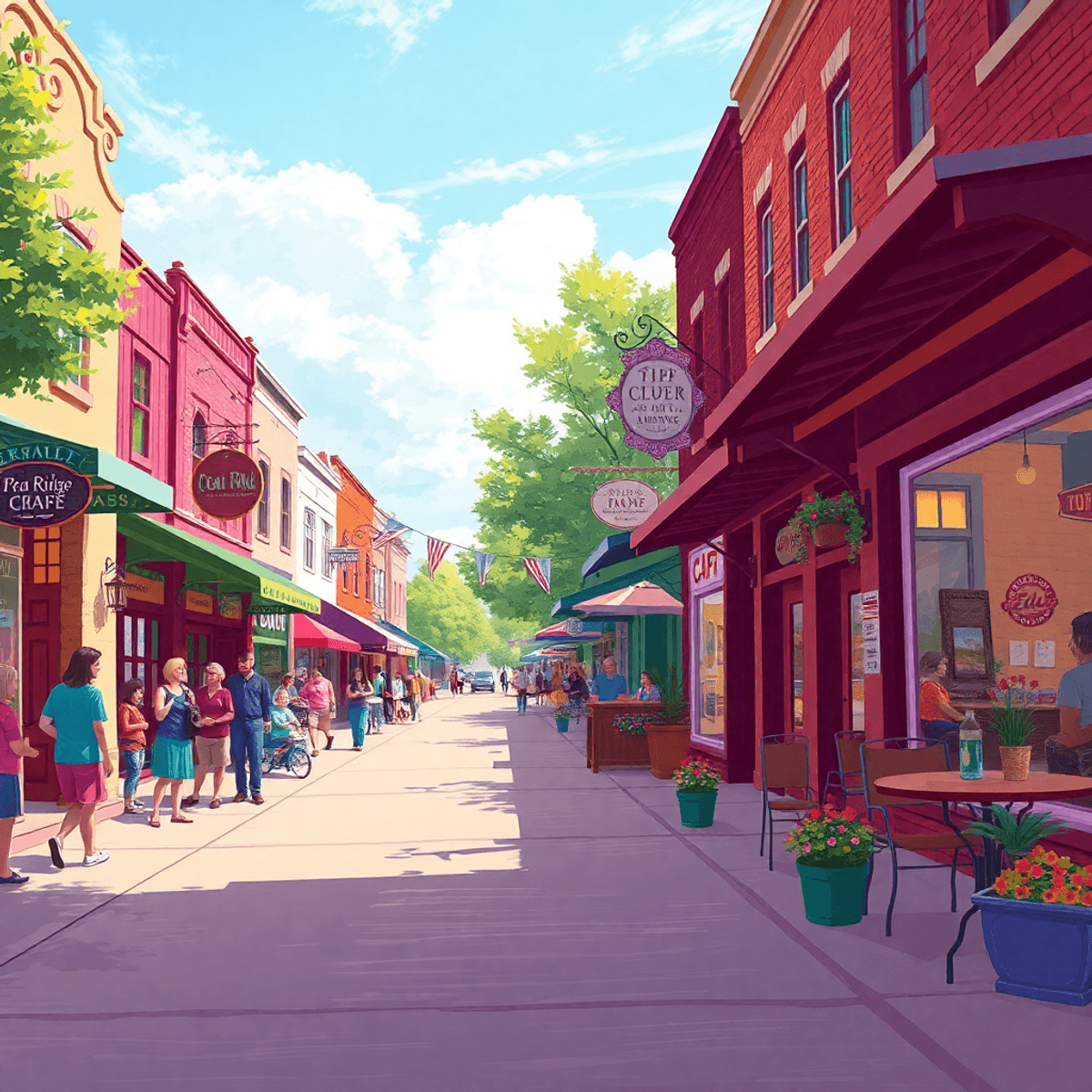 A lively small-town street in Pea Ridge, Arkansas, featuring colorful shops and cafes, with people mingling and enjoying outdoor activities, creati...