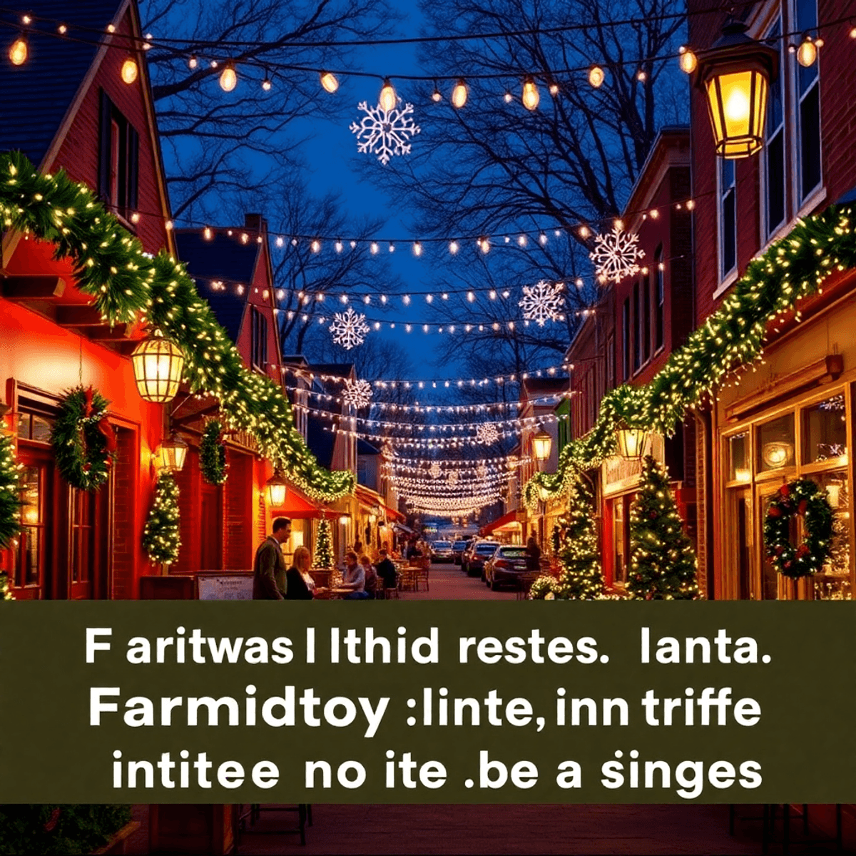 A festive street in Farmington, Arkansas, adorned with twinkling lights and decorations, showcasing cozy seating areas and a warm, inviting atmosph...