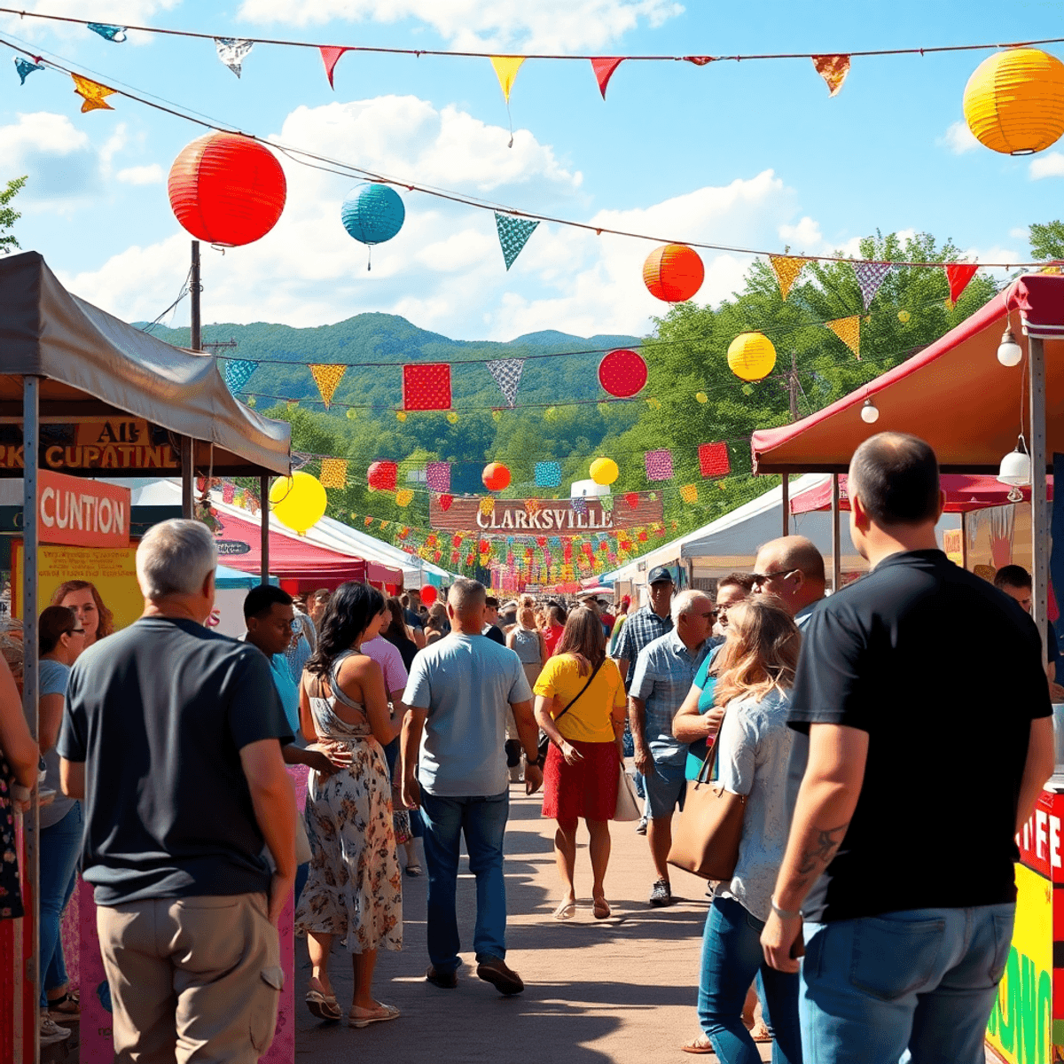A lively community festival in Clarksville, Arkansas, featuring colorful decorations, food stalls, and people mingling with the Ozark Mountains in ...