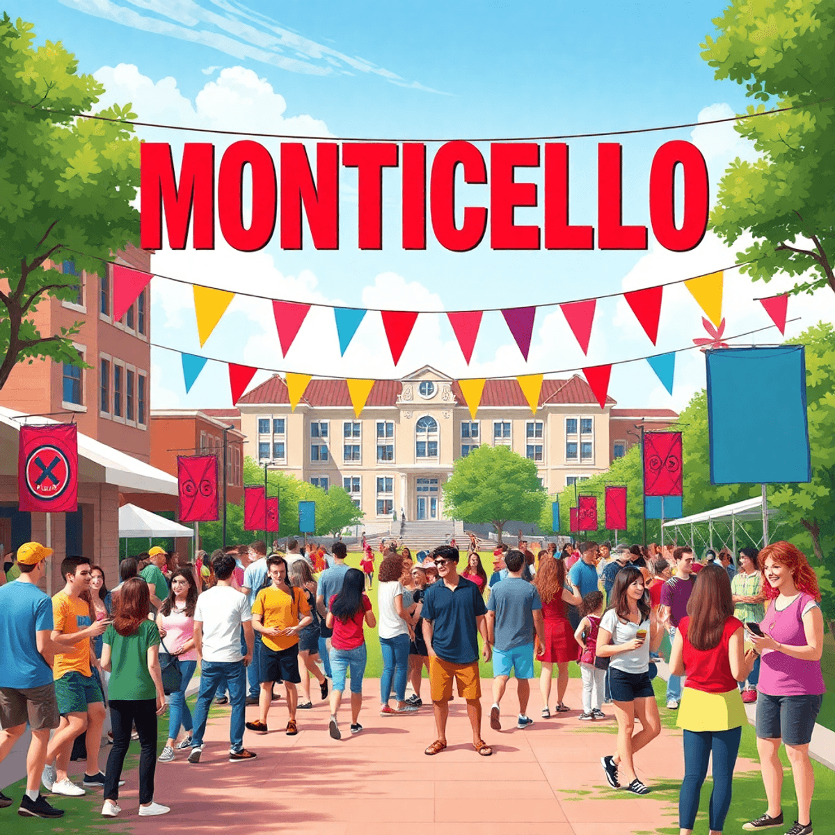 A lively university campus scene in Monticello, Arkansas, with young singles enjoying sports, cultural festivals, and live performances amid colorf...