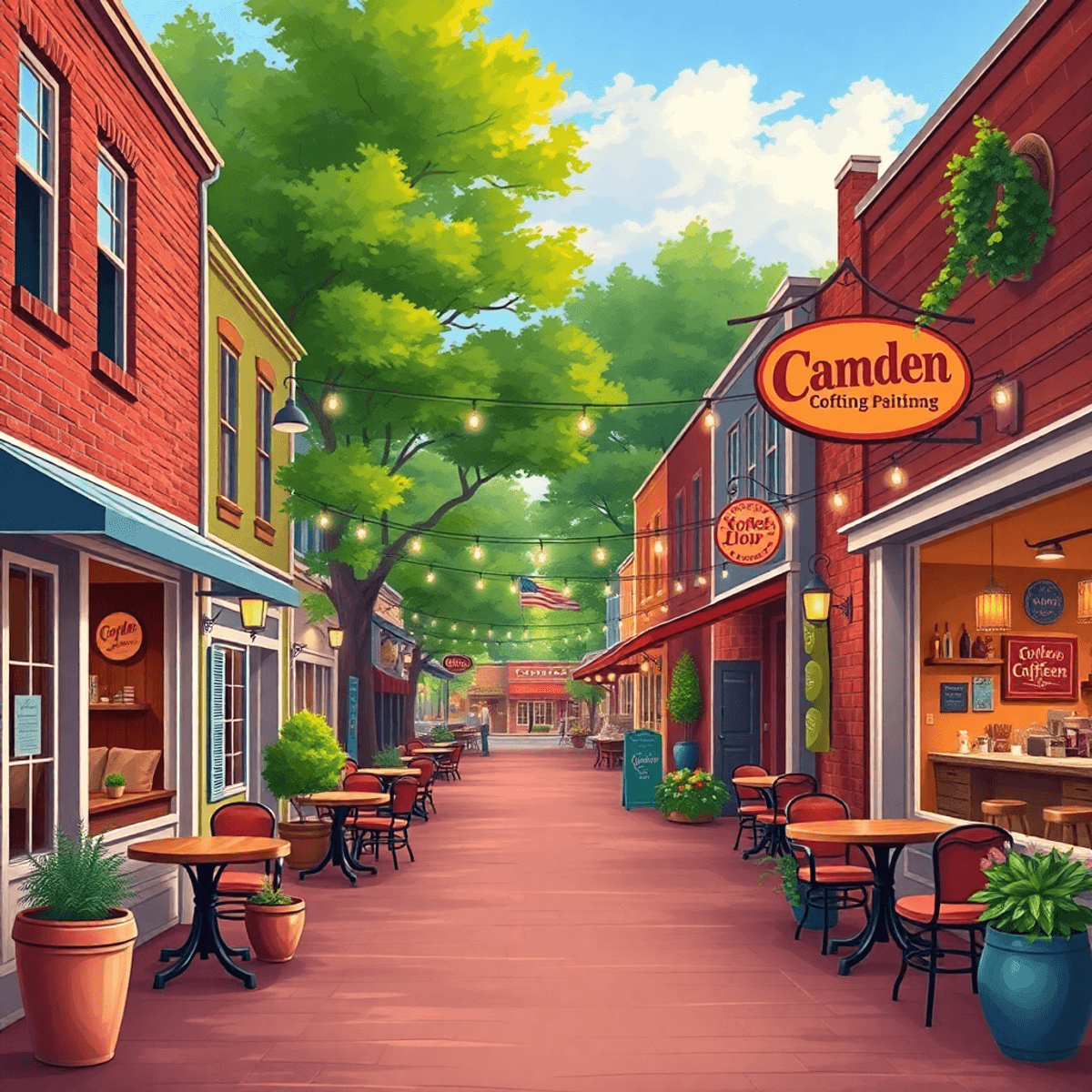 A cozy small-town street in Camden, Arkansas, with inviting coffee shops, friendly signage, and hints of parks and walking trails, showcasing South...