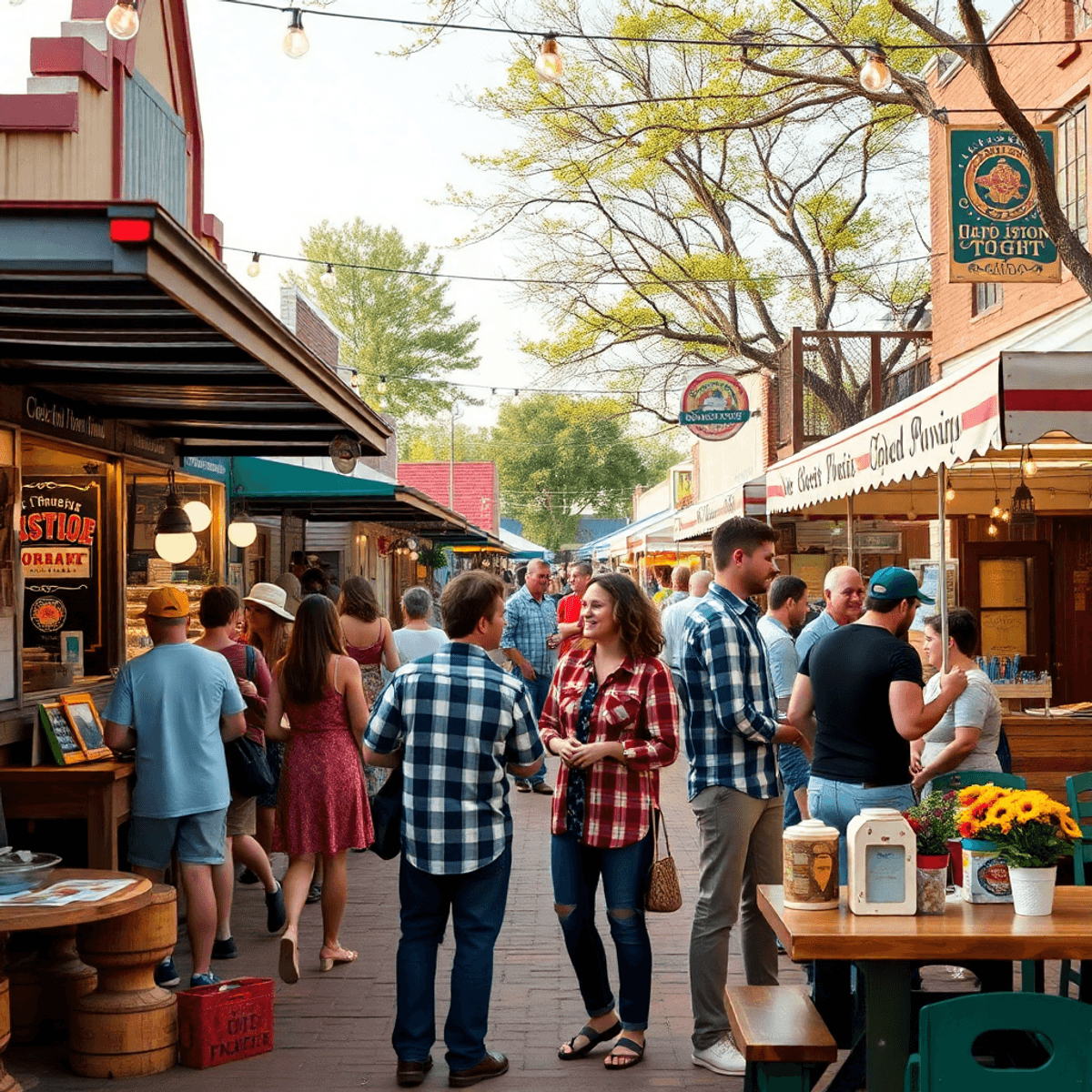 A lively small-town festival in Beebe, Arkansas, showcasing colorful booths, food trucks, and couples enjoying outdoor activities in a warm, inviti...