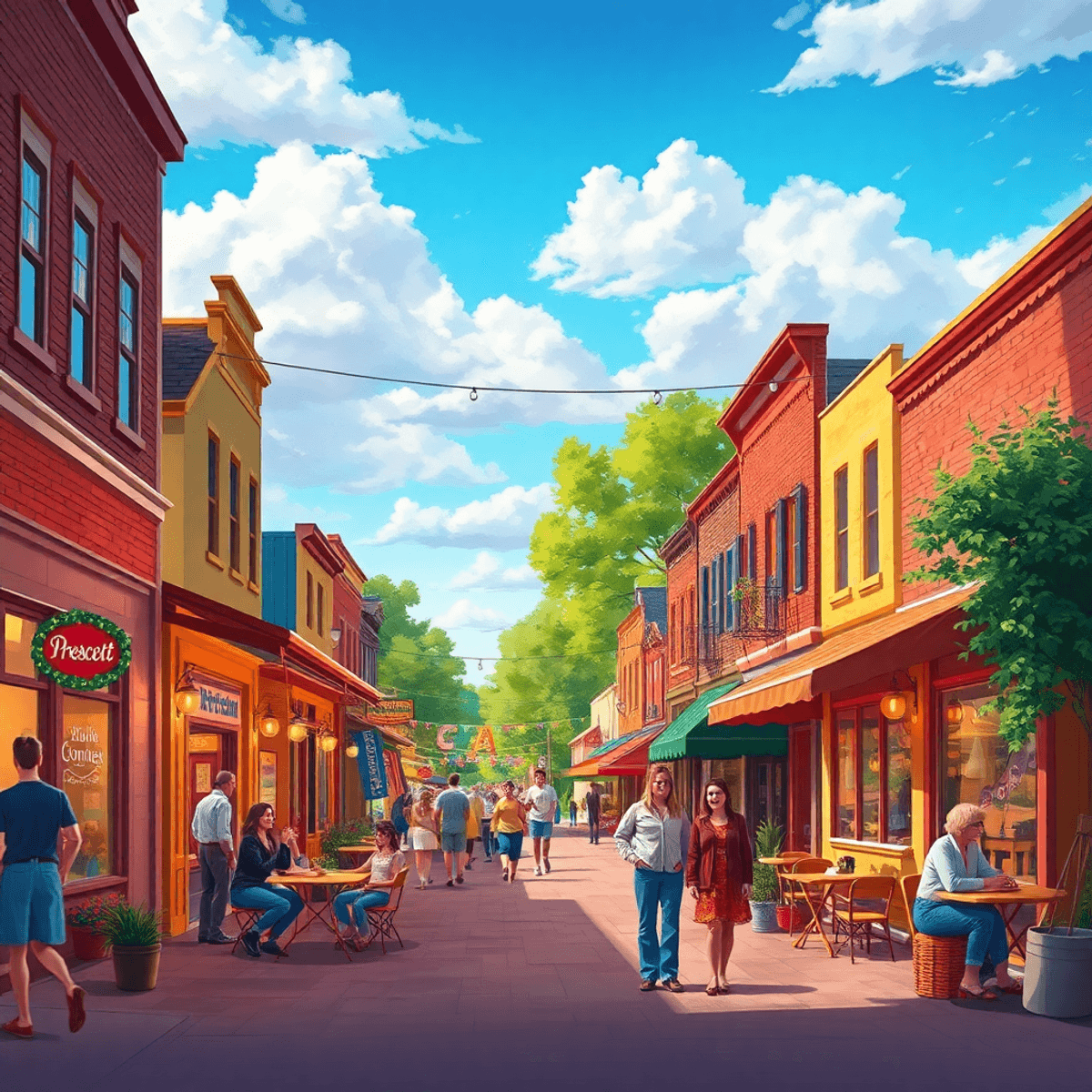 A lively small-town street in Prescott, Arkansas, bustling with people chatting, enjoying cafes, and participating in a local festival, creating a ...
