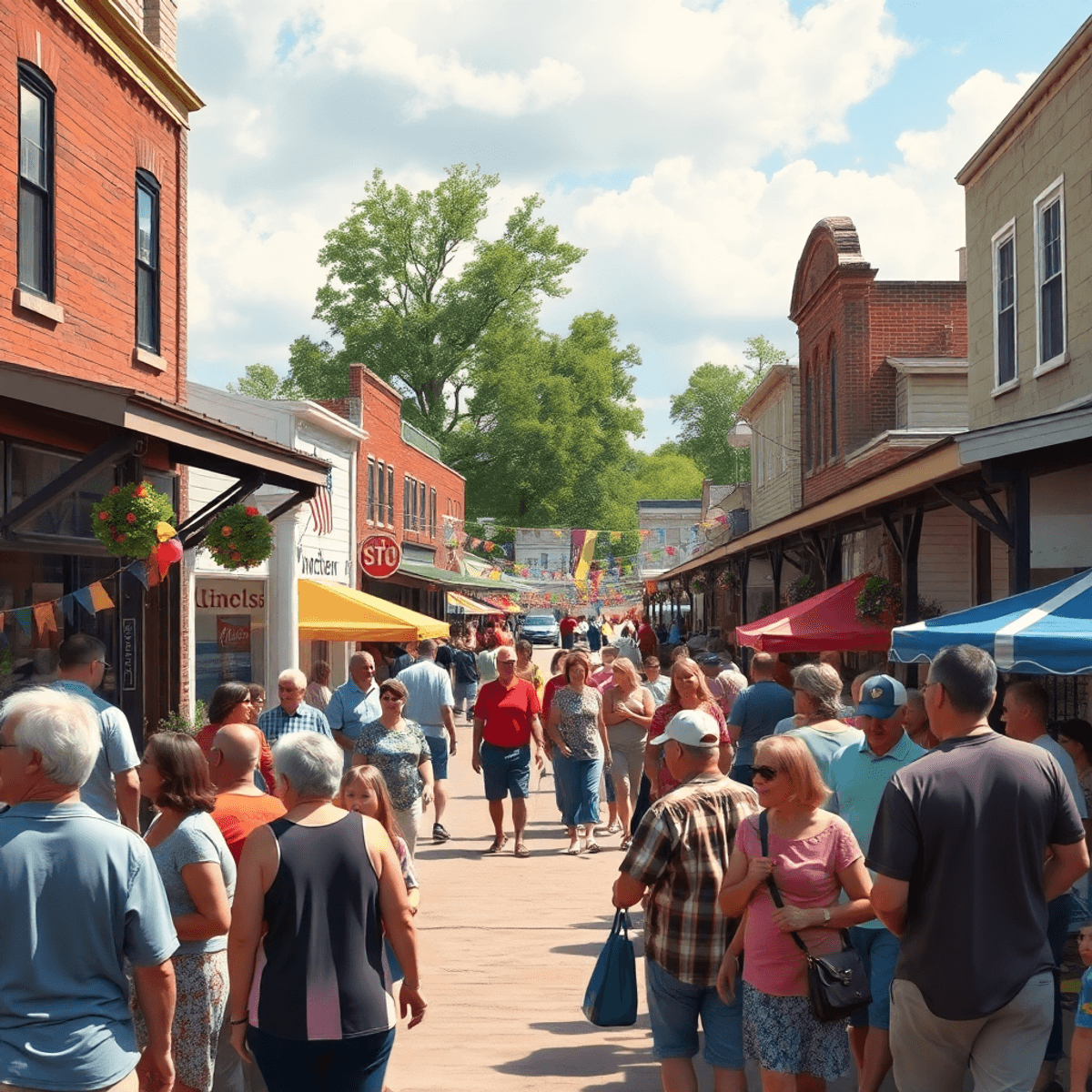A vibrant small-town festival in Lincoln, Arkansas, featuring colorful decorations and people happily engaging in conversations and outdoor activit...