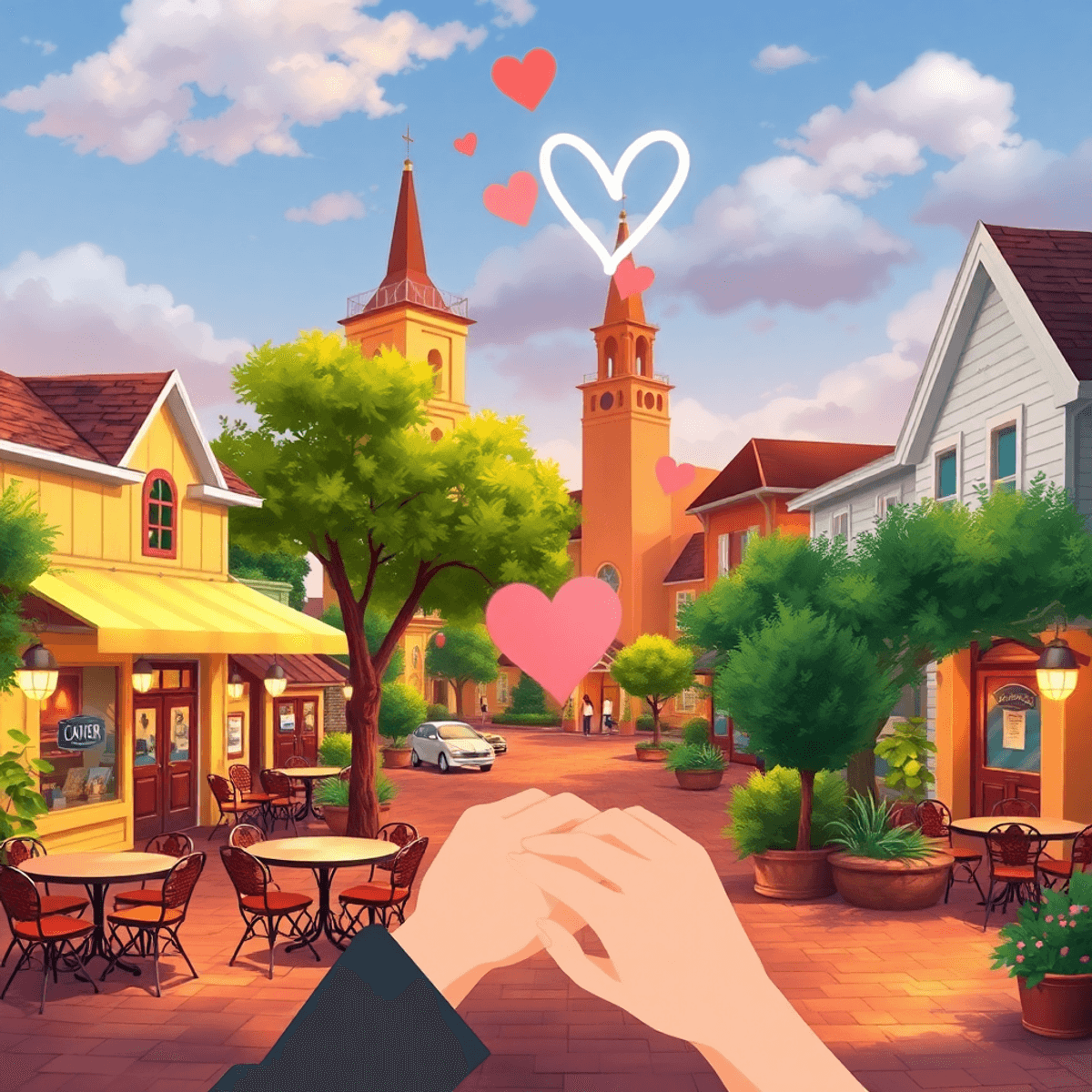 A picturesque Southern town scene with cozy cafes and parks, featuring warm colors and subtle hearts in the background, evoking connection and roma...