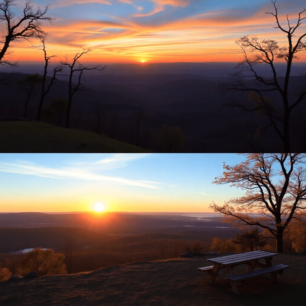 A stunning sunset over Mount Magazine with scenic hiking trails and a peaceful picnic area, inviting couples to explore the beauty of nature together.