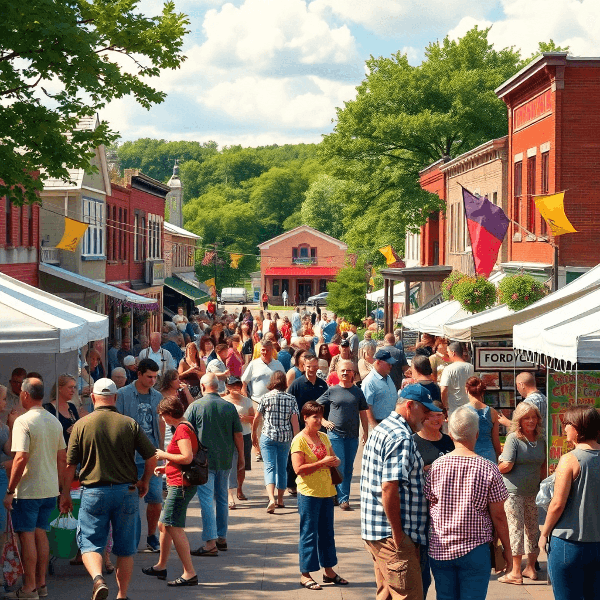 A vibrant community event in Fordyce, Arkansas, featuring colorful banners, food stalls, and local crafts with historic buildings and green spaces ...