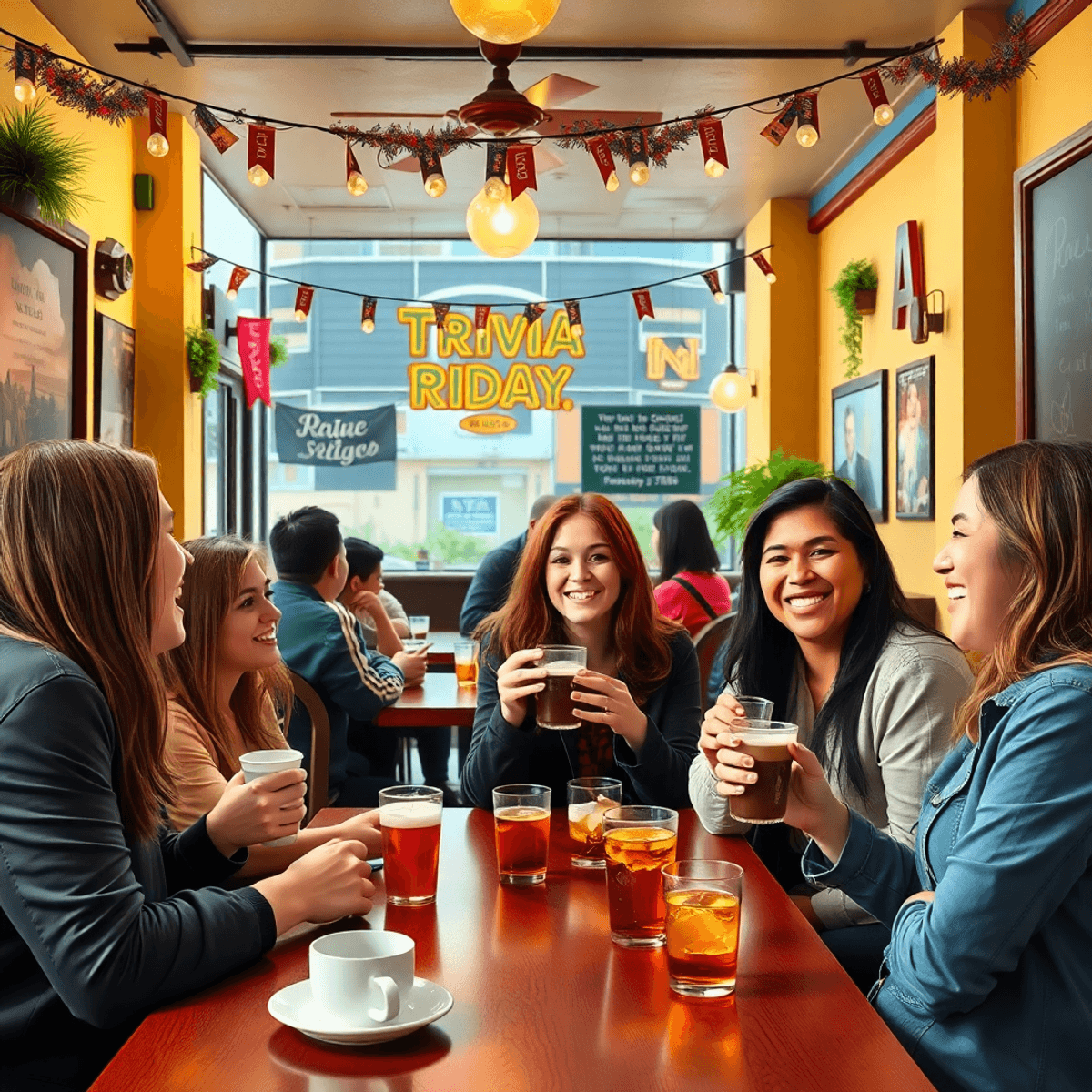 A cozy café filled with people enjoying coffee and chatting, featuring a lively atmosphere with trivia night decorations and a warm, inviting ambia...