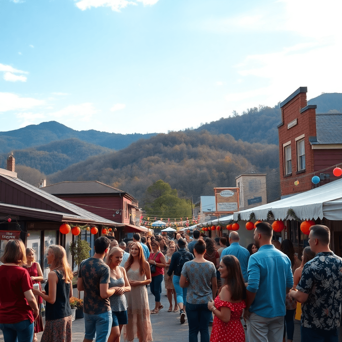 A picturesque view of the Ouachita Mountains, showcasing a lively local festival with colorful decorations and people enjoying activities and conve...