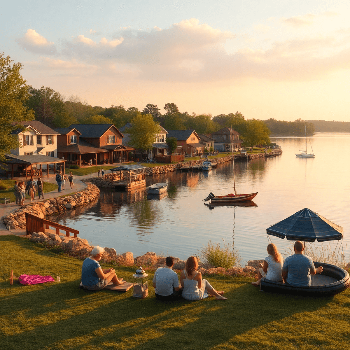 A serene lake in a small town with community members enjoying outdoor activities, surrounded by peaceful shores and hints of local events, evoking ...