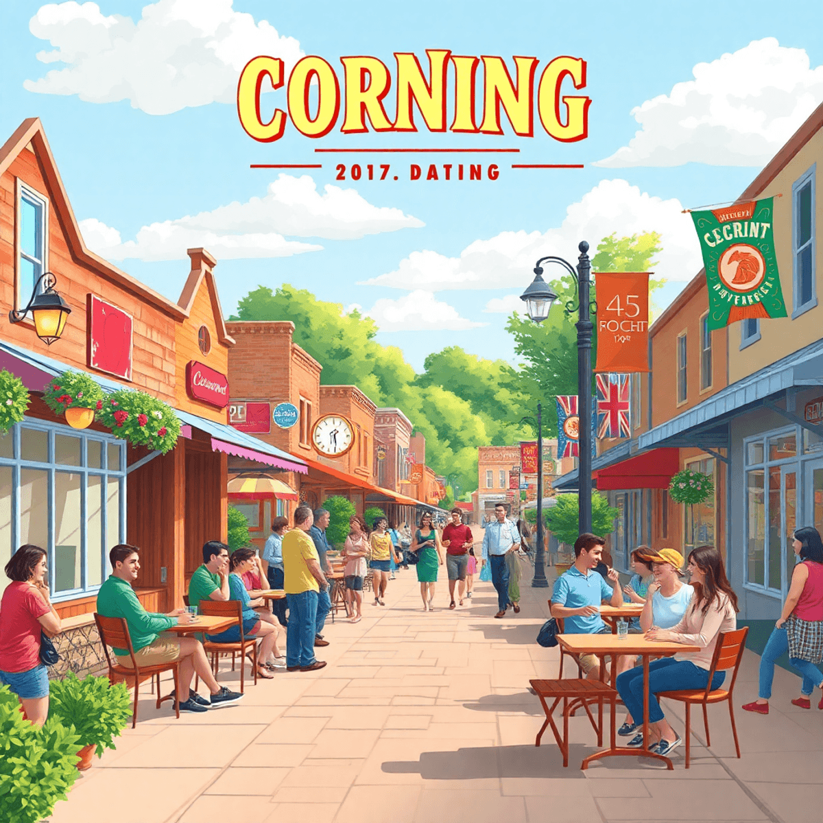 A lively small-town scene in Corning, Arkansas, showcasing outdoor cafes, locals chatting and laughing, and colorful event banners, radiating warmt...